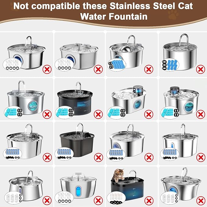 MJYNITE Cat Water Fountain Filter Replacement Kit - 6 Cat Fountain Filters, 6 Sponges & 1 Brush, Compatible with Stainless Steel Pet Fountains