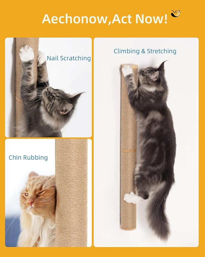 34" Cat Scratching Post on Wall for Large Cats, Wall Mounted Wood Cat Scratcher Furniture for Indoor Cats, Tall and Sturdy Corner Climbing Pole