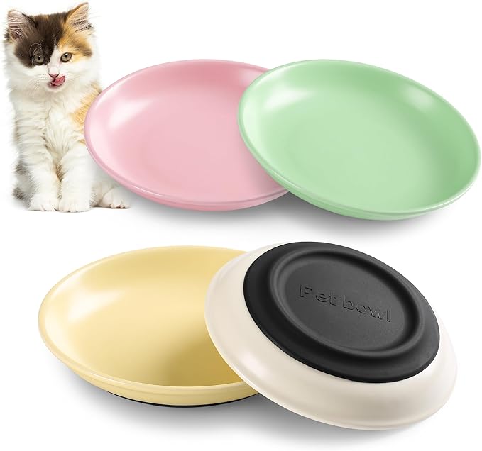 Kitwinney Non-Slip Cat Bowls, Ceramic Cat Food Bowl Set with Silicone Base, Cats Dishes, Cute Plates for Feeding Indoor Cats, Kitten, Small Dogs (Multi4, Shallow)