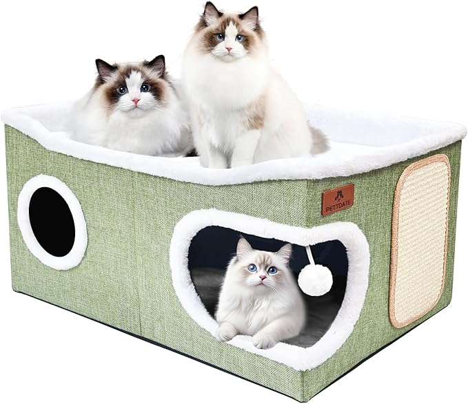 Extra Large Cat Beds for Indoor Cats, Covered Cat Cave Beds & Furniture with Scratch Pad and Fluffy Ball, Foldable Condo Hideaway with Reversible Cushion for Multi Small Pet Large Kittens, Green