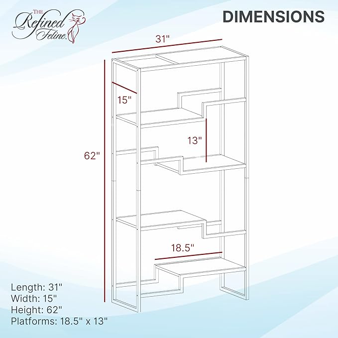 The Refined Feline 62 Inch Tall Metropolitan Cat Condo, White Metal Frame Cat Tower, Multi-Level Modern Cat Tree for Indoor Cats, Brown Platforms with Gray Replaceable Cushions & Scratching Post