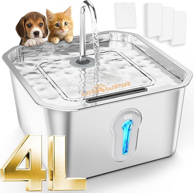 UPAWPIA 4L/135oz Large Cat Water Fountain Stainless Steel with 3 Filters Pet Water Fountain for Cats Quiet Indoor Pets Dog Small Animal Automatic Dog Water Dispenser for Drinking Watering Supplies