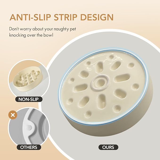 Ceramic 3.2 Cup Raised Slow Feeder Dog Bowl Set, Elevated 8.2inch Bowl and 9.5inch Slow Pet Food Dish with Wooden Stand for Large Dog (2 x Beige+ Stand)