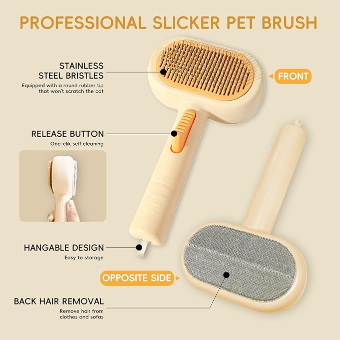 Professional Cat & Dog Deshedding Brush - 1-Button Release Grooming Tool for Long/Short Hair Cats, Dogs, Rabbits & Small Animals (Orange)