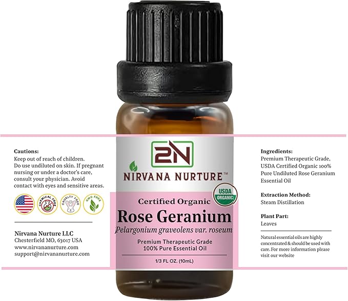 Nirvana Nurture Rose Geranium Essential Oil USDA Certified Organic, 100% Pure Natural Premium Grade, Undiluted