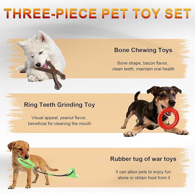 Durable Dog Chew Toys 3 Pack – Tough Dog Toys for Aggressive Chewers, Fun & Secure Interactive Pet Toys for Medium to Large Dogs