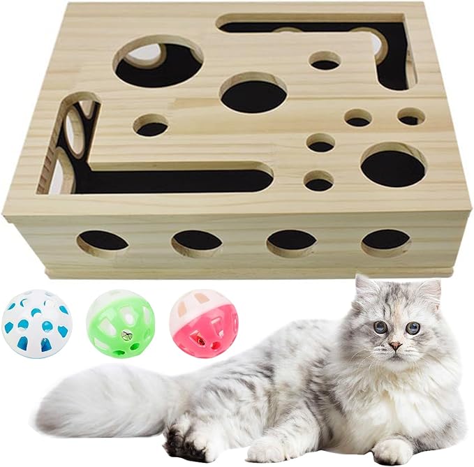 Interactive Cat Enrichment Toy Box,Cat Toy Puzzle Box with Teaser Wand, Balls & Scratch Pad for Indoor Cats, Premium Mental Stimulation and Play for Kittens & Adult Cats