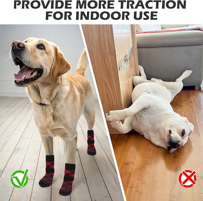 EXPAWLORER Dog Socks for Cold Winter Snow to Prevent Licking Paws, Anti Slip Doggie Booties Grippy Shoes for Hardwood Floors, Boots & Paw Protectors for Small Medium Large Senior Dogs Red Black S
