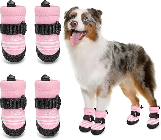 SlowTon Dog Shoes for Medium Large Dogs - Water Resistant Anti-Slip Dog Boots for Hot Pavement Rain Snow,Reflective Dog Paw Protectors for Outdoor Walking, Indoor Hardfloors(Pink,3)