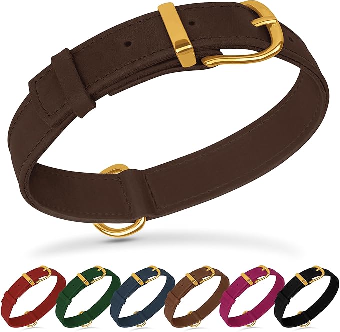 Leather Dog Collar - Heavy Duty Adjustable Soft Padded Pet Collars for Small Medium Large Dogs Breed - Black Green Brown Pink Red Blue (Brown, XL, 19"-24" Neck Fit)