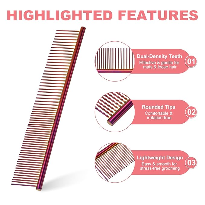 Dog Cat Comb, Pet Combs Stainless Steel Teeth with Rounded Ends for Knots Mats Loose Hair Removal, 6.5/7.5IN (Purple Plated, 2 Pack), Grooming Tool Intended for Long Curly Hair Pet