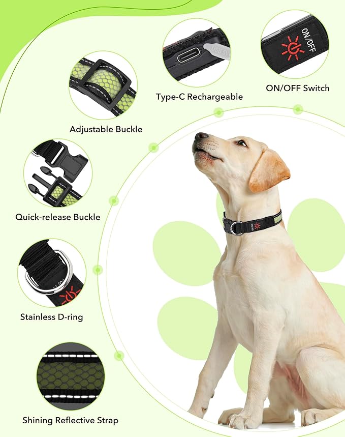 Weesiber Light Up Dog Collar - Glow in The Dark LED Dog Collar Rechargeable Reflective Pet Collar, Safety Doggy Lights for Night Walking(Green, L)