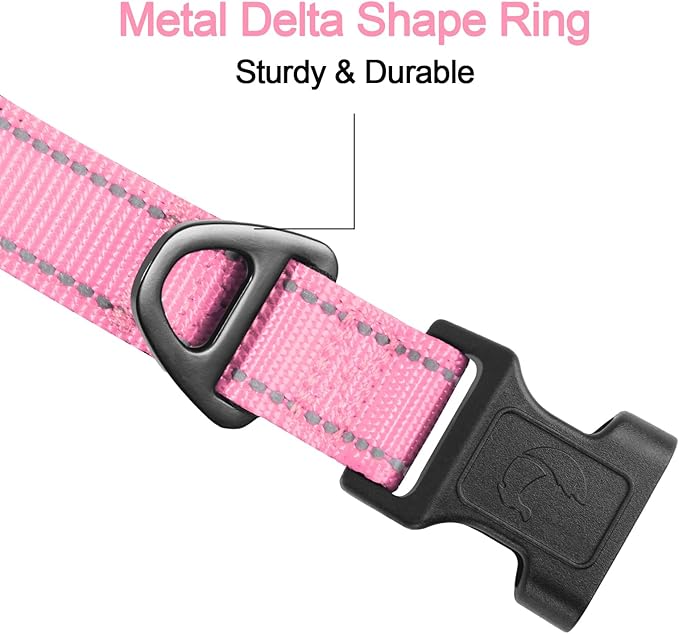 Joytale Reflective Dog Collar, Soft Neoprene Padded, Metal D-Ring, Nylon Pet Collar Adjustable for Medium Dogs, Pink, M