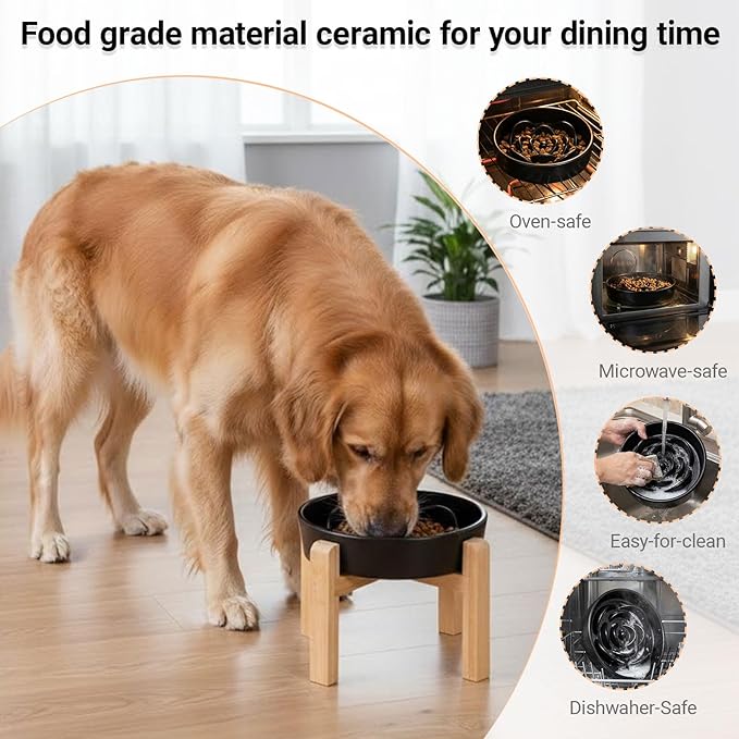 Ceramic Slow Feeder/Dog Bowl for Medium Large Dogs,Elevated/Raised Slow Feeding Dog Food Water Dish Heavy Weighted,Puzzle Eating Bowl Modern Maze Maze (Black, 8.66in)