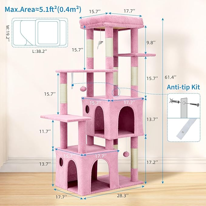 Cat Tree - 157cm Tall, Sisal Wrapped Scratching Post, Cat Nest, Hanging Ball, Extended Platform