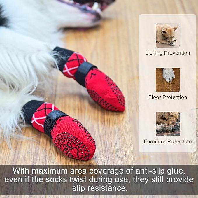 BEAUTYZOO Non Slip Dog Socks to Prevent Licking Paws -Dog Boots & Paw Protectors with Grippers on Hardwood Floors, Dogs Shoes for Hot/Cold Pavement Small Medium Large Senior Dogs Booties