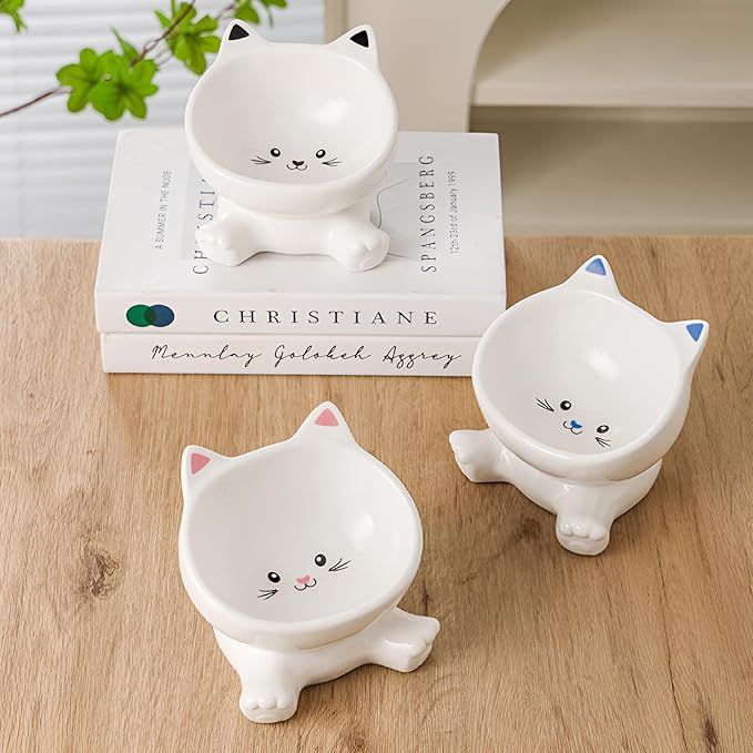 Cat Bowl, Elevated Cat Bowls, 4.9 Inch Cute Kitten Food Bowls for Anti-Vomiting and Whisker Friendly, 3D Raised Ceramic Cats Bowl for Food and Water with 4.5 OZ Capacity, Protects Pet's Spine, 1 Piece