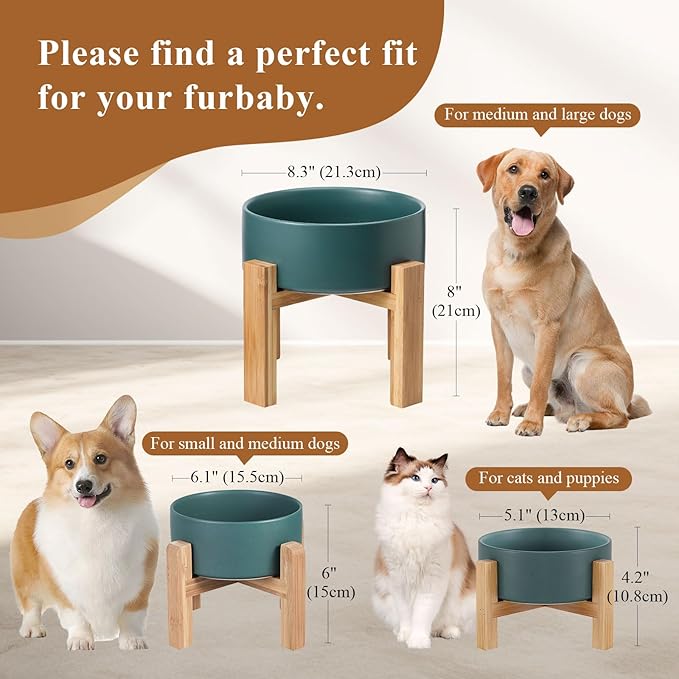 Elevated Ceramic Cat Bowl - Cat Food Bowl with Bamboo Stand - Raised Dog Dish for Puppies - Anti Vomiting, Stress Free - 13.5 oz / 400 ml - Pink