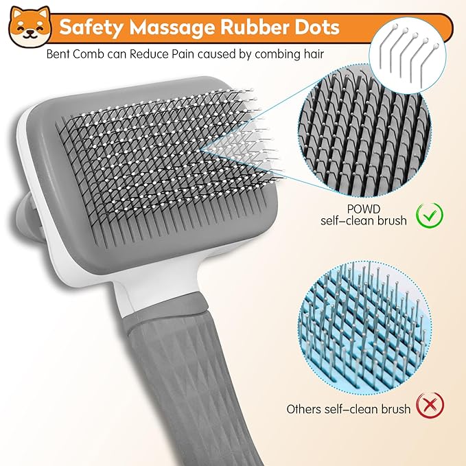 Dog & Cat Brush, Self Cleaning Slicker Brush for Pets, Upgraded Dog Brush for Shedding Massaging and Grooming, Removes Loose Undercoat & Portable Comb for Long Short Haired Dogs(Gray)