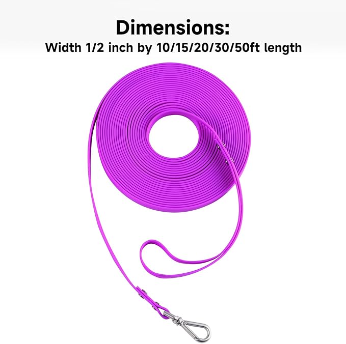 Dog Training Long Leash Waterproof Long Line Heavy Duty Outdoor Recall Lead 10ft 15ft 20ft 30ft 50ft for Small Medium Large Dog (Rose Purple, 30FT)