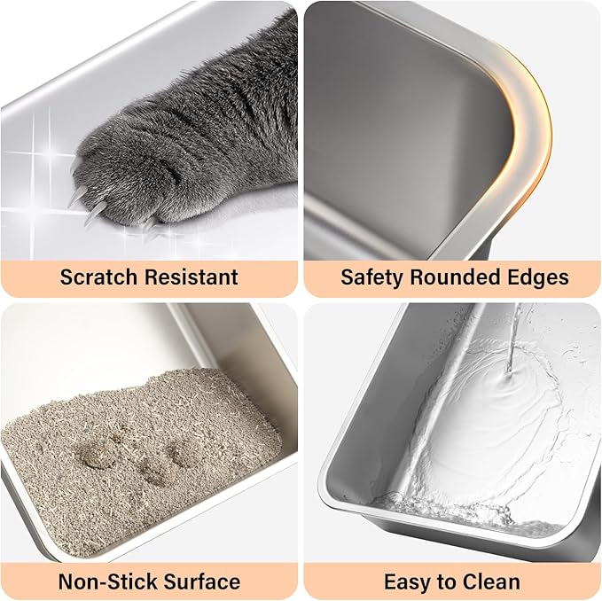 Stainless Steel Litter Box — Metal Litter Box with Lid & Mat, High-Sided, Non-Stick, Easy Clean, Odor-Free Stainless Steel Cat Litter Boxes XL for Indoor & Multiple Cats, Large Cat Litter Boxes