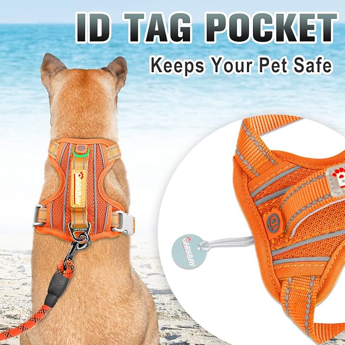 BARKBAY No Pull Dog Harness Large Reflective Dog Harness with Front Clip and Easy Control Handle for Walking Training Running with ID tag Pocket(Orange,M)