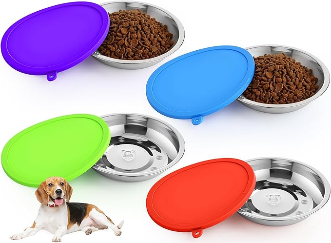 Patelai 8 Pcs Stainless Steel Dog Bowls with Silicone Lids Portable Food and Water Dishes for Pets Sealable Containers for Small Medium Dog Cat Indoor, 6.3 Inch (Red,Blue,Green,Purple)