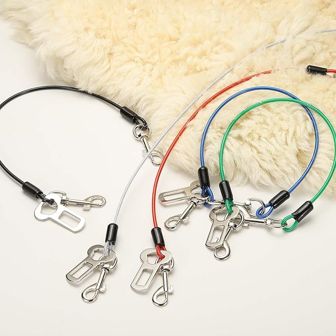 Chew Proof Dog Leash, 31 in Dog Seat Belt Harness with Double Clips Leash Extender Steel Braided Vehicle Tether, (Red/Blue, 2 Pcs), Intended for Pet Car Safety/Walking/Training