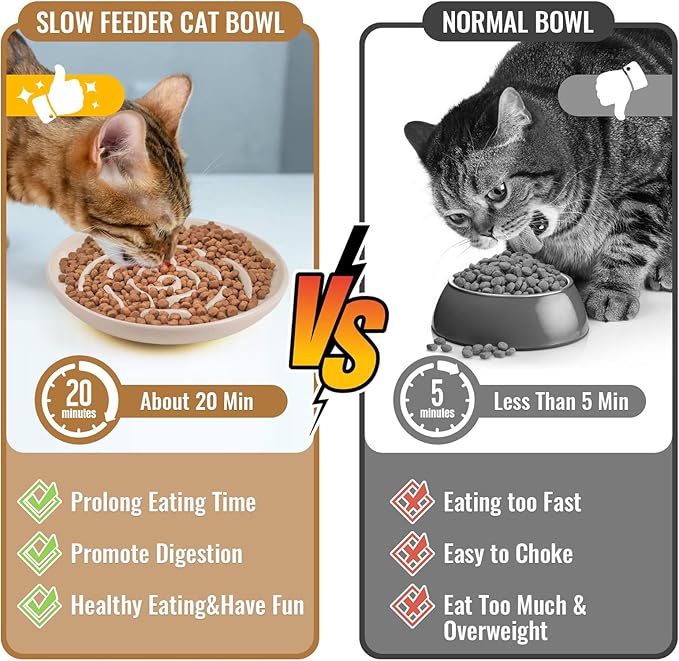 Elevated Slow Feeder Cat Bowls, Ceramic Cat Slower Feeding Bowl with Bamboo Stand, 5.9 Inch Wide Shallow Cats Bowls Whisker Friendly, Anti Vomiting Cats Slow Feeder for Dry or Wet Food Dishwasher Safe