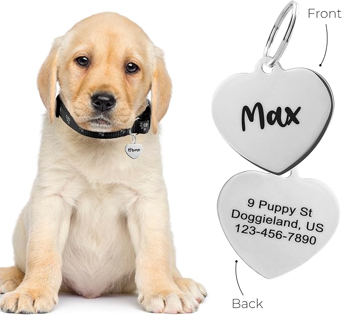 Custom Heart Shape Pet Tag ID, Personalized Stainless Steel Cute Shiny Bling Safety Lost Collar Tag for Boy & Girl Dogs Puppies Cats with Ring Laser Engraved SOS customizable with Name, Phone, Address