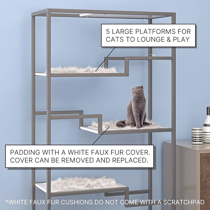 The Refined Feline 62 Inch Tall Metropolitan Cat Condo, Gray Metal Frame Cat Tower, Multi-Level Modern Cat Tree for Indoor Cats, White Platforms with Faux Fur Replaceable Cushions