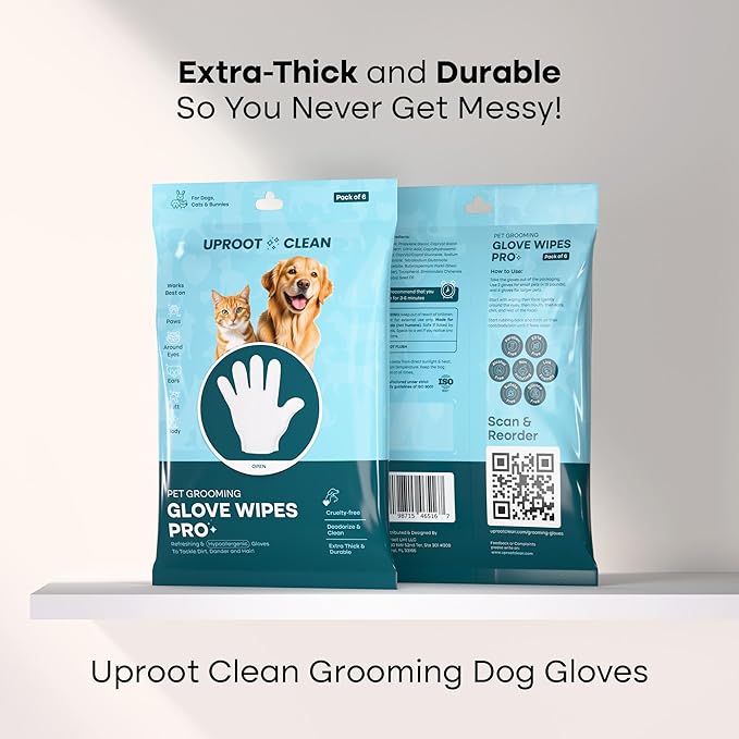 Uproot QuickClean Gloves Pro: 1 Month Supply - Extra-Thick Pet Glove Wipes for Dogs & Cats - Easy Wipe Paws, Eyes, Ears, Butt, & Body - Lick-Safe - Cleaning, Deodorizing & Grooming (6 Pack)