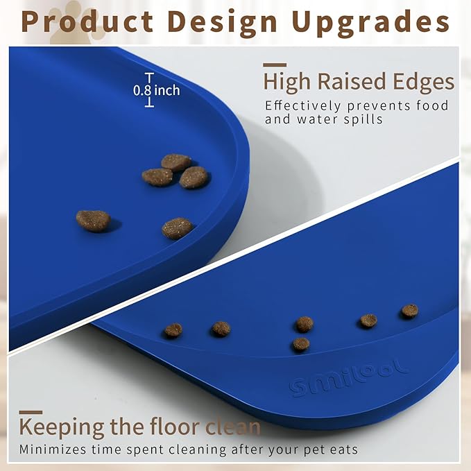 Silicone Pet Food Mat with Raised Edge for Food and Water Bowl, Dog Feeding Mats, Cat Food Trays for Floor Waterproof, Rubber Tray for Dogs and Cats, 22 x 14 x 0.8 Navy Blue