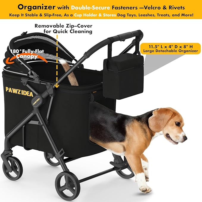 PAWZIDEA Dog Stroller for Large Dogs, Heavy Duty Pet Stroller for 2 Medium or Small Dogs Cats Up to 66lbs, No-Zip 180° Reversible Canopy Lockable, One-Hand Foldable Jogger 7" Wheels, Storage Organizer