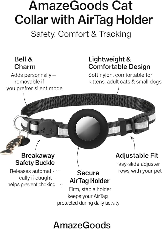 AirTag Cat Collar Airtag Holder for Cats – Breakaway Reflective Nylon Kitten Collar with Bell, Adjustable 1cm Cat Collar for Tracking, Safety & Small Cats (Fits 8.66–13.78 in)