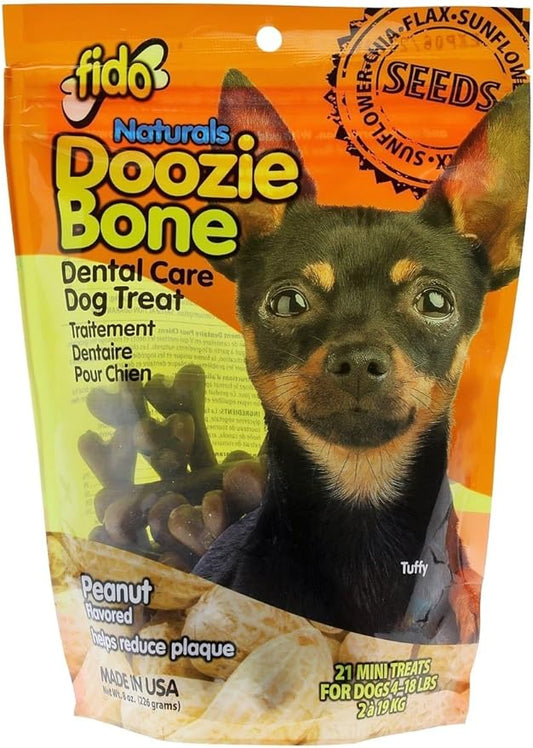 Fido - Doozie Bones Dental Care Treat for Dogs, Peanut Flavored, Made with Sunflower, Chia, & Flax Seeds-Naturally Freshens Breath, Reduces Plaque & Whitens Teeth 21ct - Mini Treats