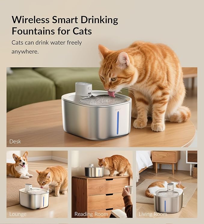 APD APETDOLA Wireless Cat Water Fountain Stainless Steel,135floz/4L Battery Operated Automatic Pet Fountain,Cordless Cat Water Dispenser Pet Drinking Water Fountain for Multicat Cats Dog Outdoor