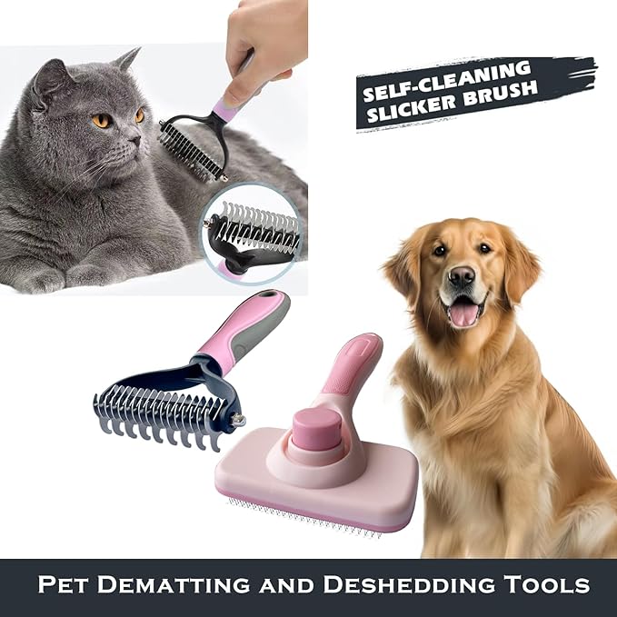 2PCS pet hair removal comb & Dog Brushes & cat brushes & Pet Grooming Rake & Bath Brush for Dogs,Cats and Horses | Skin Friendly Deshedding Grooming Tool & Double-Sided Dematting Tool (pink)