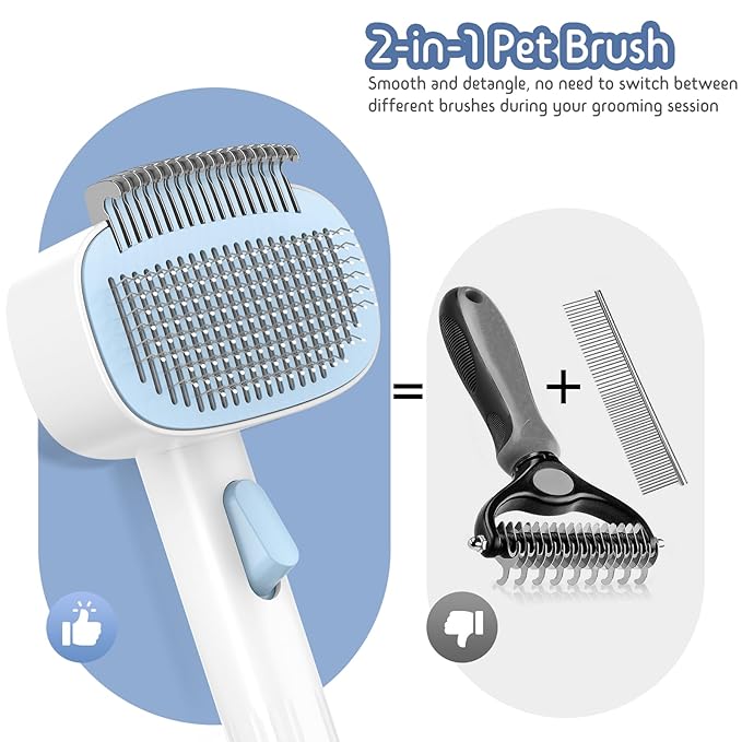 Self Cleaning Slicker Brush, 2-in-1 Cat Brush for Shedding, Skin Friendly Grooming Tool for Long & Medium-Long Hair Pets, Adjustable Bristle Length with Dematting Comb for Cats, Dogs (Blue)
