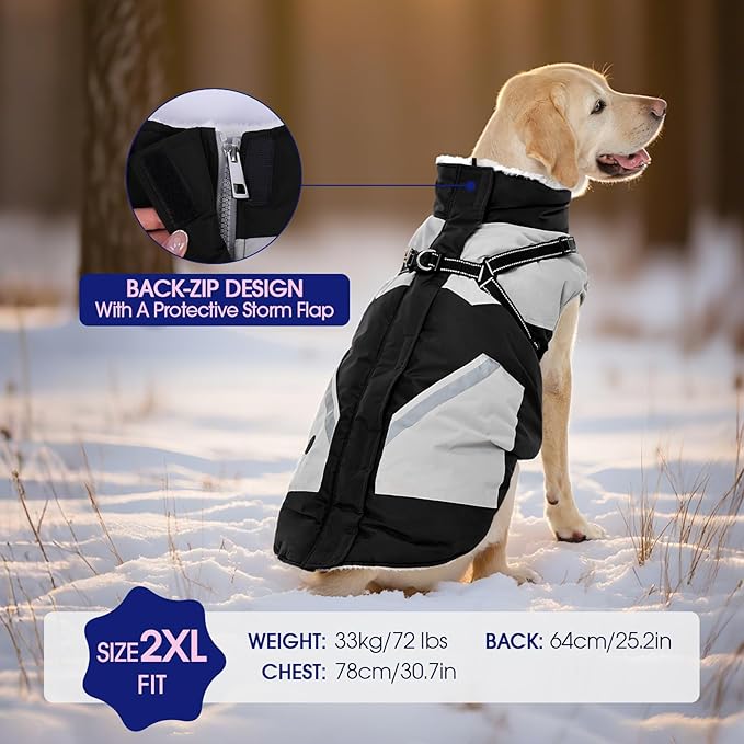 FUAMEY Dog Winter Jackets for Large Dogs,Dog Coat with Harness Built in,Waterproof Dogs Snowsuits Warm Pet Jacket Zip Up Fleece Cold Weather Coats Reflective Puppy Vest with Pocket Black L