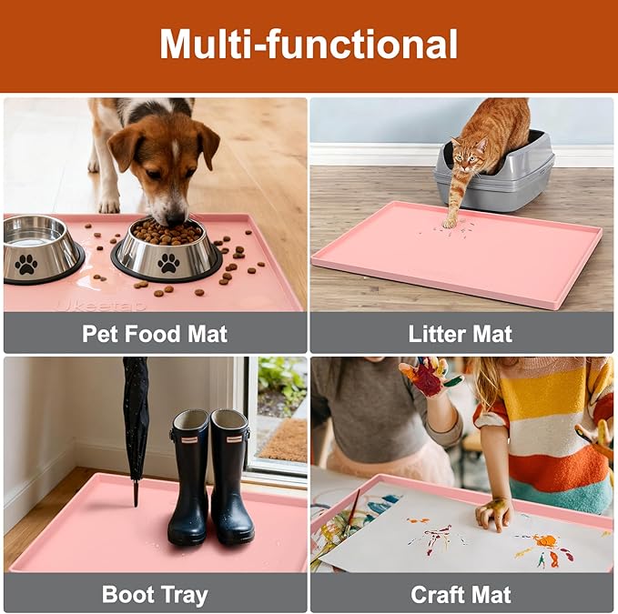 34" x 22" Extra Thick Waterproof Silicone Mat with Raised Edge, Under Sink Mat for Kitchen & Bathroom, Kitchen Cabinet Liner, Multi-Purpose for Storage & Protection, Pink