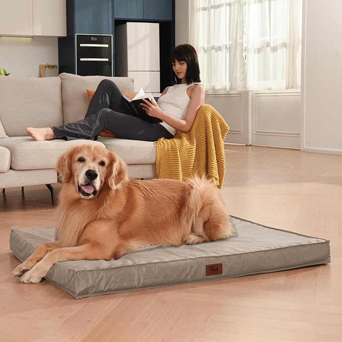 Outdoor All Weather XL Dog Bed, Waterproof Pet Bed for Extra Large Dogs, Orthopedic Egg Crate Foam with Removable Washable Oxford Cooling Cover, 44x32 Inch, Khaki