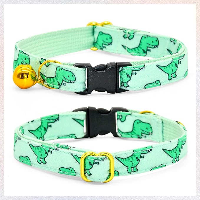 Cat Bow Collar, Green Dinosaur Pattern, Quick Release Safety Buckle, (6" - 10")