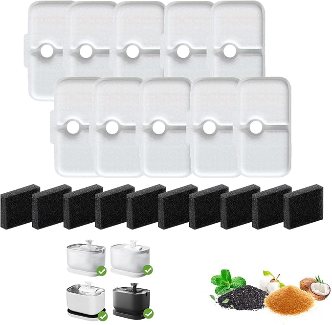 20 Pcs Cat Water Fountain Filters Compatible with PETLIBRO,10 Pack Fountain Replacement Filter & 10 Pack Pre-Filter Sponges, Cat Fountain Filter for 2.5L/84oz PLWF005 & PLWF105 & PLWF115
