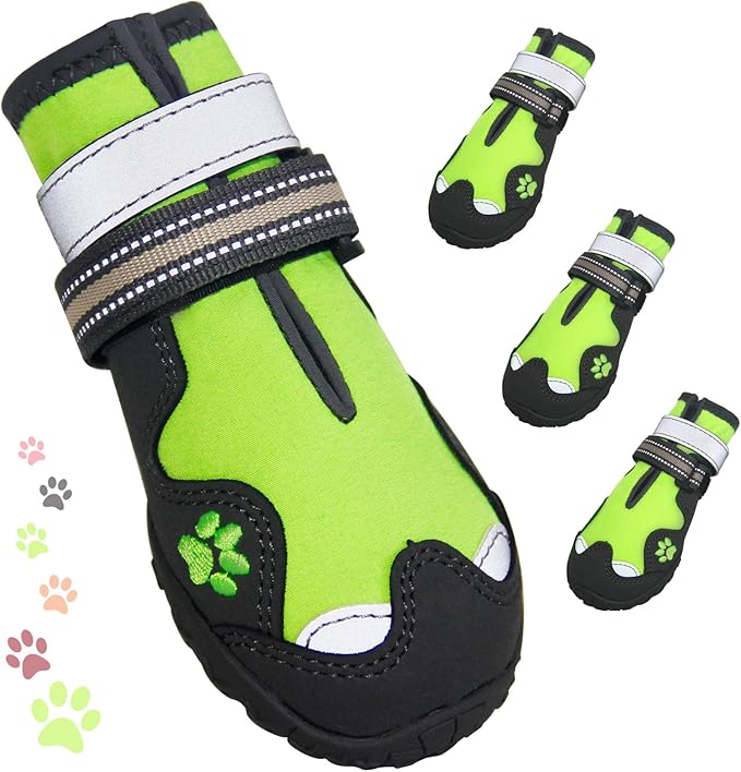 Dog Shoes for Large Dogs, 360°Anti Slip Medium Dog Boots & Paw Protectors Winter Snowy, Waterproof 4Pcs Dog Booties with Reflective Strips (Size 6: 2.56''x3.07''(W*L), Green)