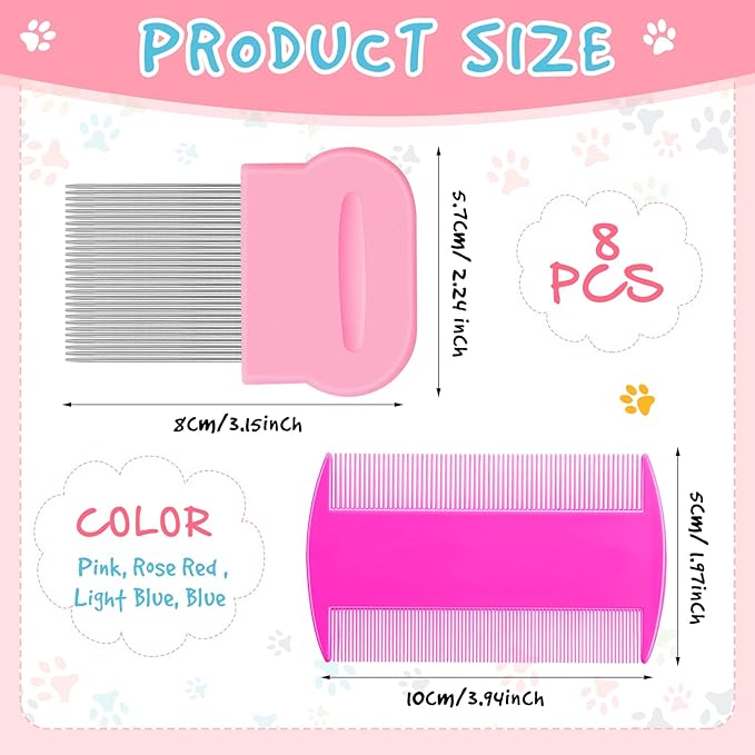 Maitys 8 Pieces Flea Lice Combs Double Sided Lice Cats Dogs and Nit Removal Hair Grooming Plastic and Metal Comb, Head Hair Comb for Pets and Humans(3.5 x 2 Inchrs, 3.54 x 1.57 Inches,Pink, Blue)