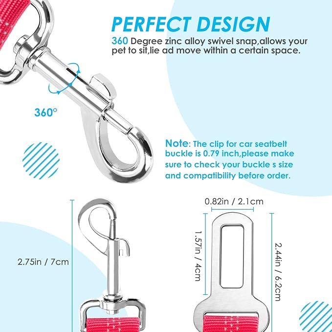 SlowTon Dog Seat Belt, Double Dog Seatbelt Adjustable Vehicle Safety Leash with Elastic Bungee Buffer, Reflective No Tangle Y Shape Two Dog Harness Seat Belt Splitter for Pets Car Trip (F-Pink, S)