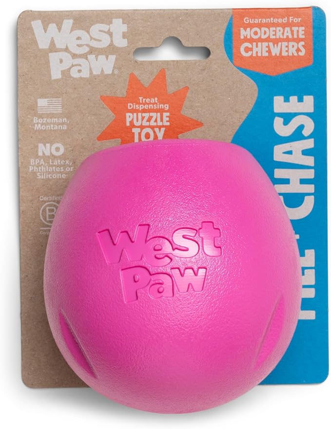 WEST PAW Zogoflex Rumbl Treat-Dispensing Dog Toy – Interactive Slow-Feeder Chew Toy for Dogs – Dog Enrichment Toy – for Moderate Chewers, Fetch, Catch – Holds Kibble, Treats (Hot Pink, Large)