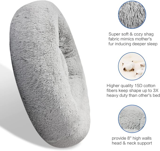 SAVFOX Plush Calming Donut Dog Beds for Small Dogs, Medium, Large & X-Large Breeds, Comfy Cuddler Dog Bed and Cat Bed in Faux Fur, Washable, Multiple Sizes S-XXL
