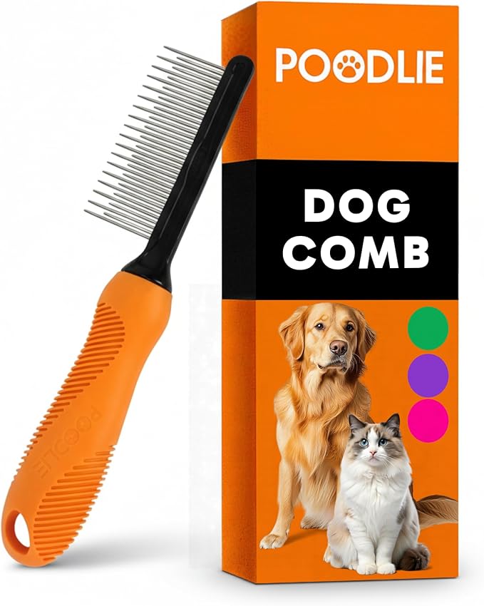 Poodle Grooming Comb - Metal Dematting Comb with Long & Short Stainless Steel Teeth for Removing Matted Hair & Knots, Safe and Gentle for Dogs & Cats (Orange)